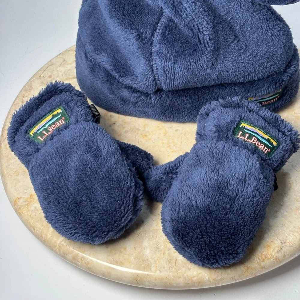 LL Bean Toddler Hat and Mittens Set Navy Blue Fleece Bear Ears 6-12M‎ Hi-Pile